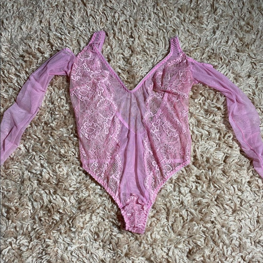Worn Lace/Mesh Cold Shoulder Thong Bodysuit Lingerie